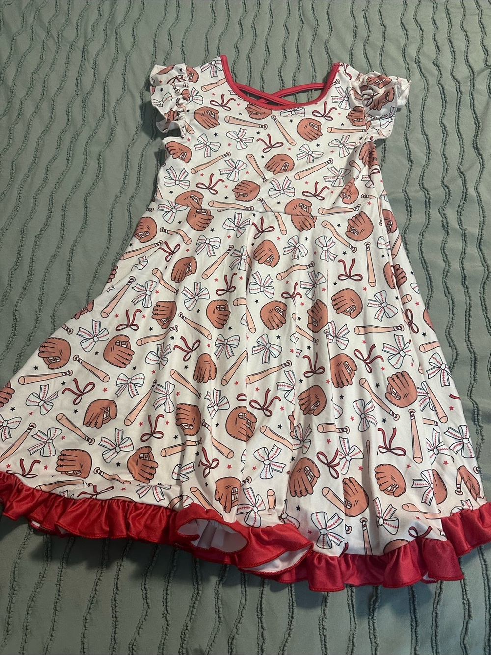 Girls' Cream Baseball Print Dress with Red Trim and Ruffle Hem